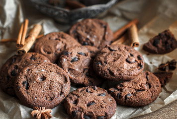 chocolate chip cookies with chocolate. Chocolate chip cookies. Dark food photography. - Image.