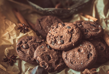 chocolate chip cookies with chocolate. Chocolate chip cookies. Dark food photography. - Image.