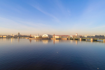 Panorama of the spring Neva and the arrow of the Vasilyevsky Island (shooting from the quadcopter). Saint-Petersburg, Russia