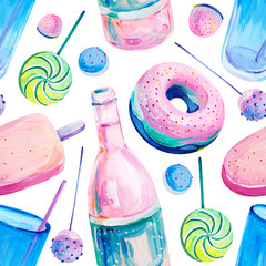 Gouache seamless pattern with cosmo candy 3. Hand-drawn clipart for art work and weddind design.