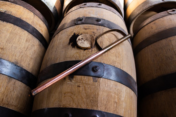 oak whisky barrel at distillery