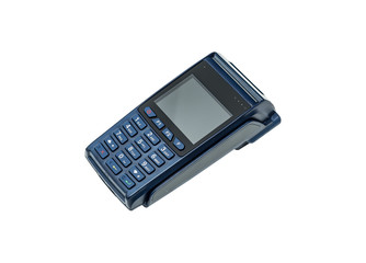 Modern blue payment terminal, with a blank screen, isolated on white.