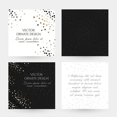 Fototapeta na wymiar Golden dots design. Square cards collection. Banners with decoration elements on the black and white background.