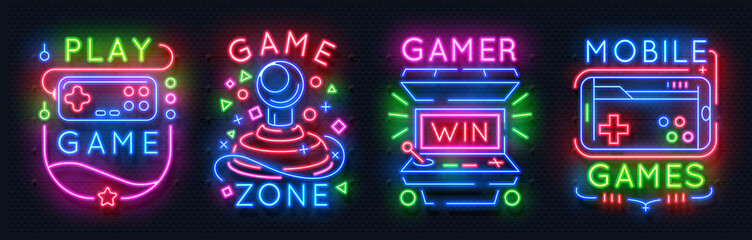 Neon game signs. Retro video games night light icons, virtual gaming club emblems, arcade glowing posters. Vector game controller sign banner - obrazy, fototapety, plakaty
