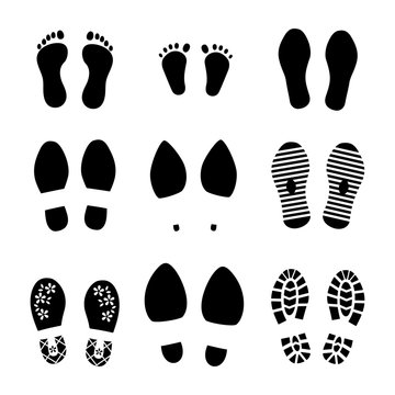 Footprints. Shoes And Legs Human Steps, Baby Child And Grown Man Footsteps, People Funny Step Prints Symbols. Vector Different Footprint Set