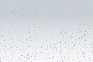 Water drops on glass. Rain droplets on transparent window, steam condensation pattern, shower glass. Vector water drops realistic background - obrazy, fototapety, plakaty