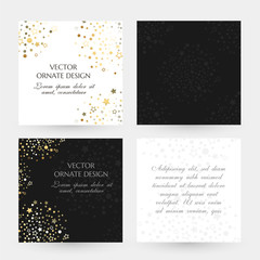 Fototapeta na wymiar Golden dots and stars design. Square cards collection. Banners with decoration elements on the black and white background.
