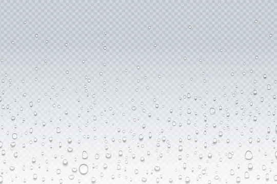 Water drops on glass. Rain droplets on transparent window, steam condensation pattern, shower glass. Vector water drops realistic background