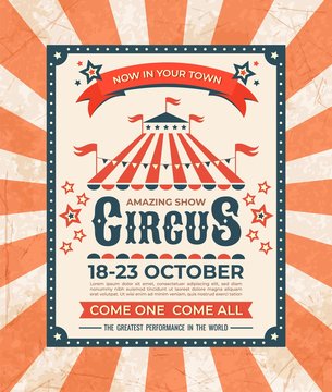 Circus poster. Carnival vintage old banner frame, magic show greetings card, retro invitation card. Vector marquee tent elegant advertisement elements