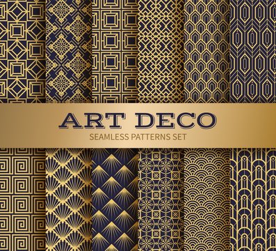 Naklejka Art deco seamless pattern. Luxury geometric nouveau wallpaper, elegant classic retro ornament. Vector golden abstract geometric royal pattern