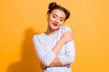 Portrait of her she nice attractive lovely peaceful calm winsome adorable cheerful girl hugging...