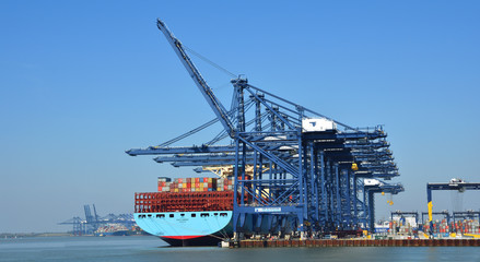 Large Container Ship being loaded at Felixstowe Port.