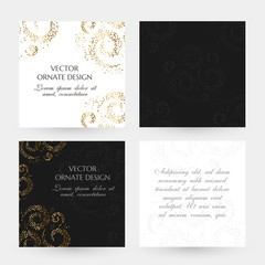 Golden swirls design. Square cards collection. Banners with decoration elements on the black and white background.