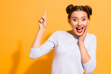 Portrait of lovely satisfied lady with opened mouth shocked by new goods discounts in shops drawing...