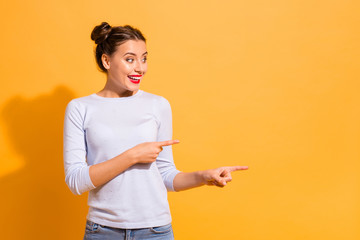 Portrait of funky young hipster telling great suggestion incredible discount wearing white sweater...