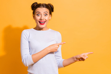 Price decrease. Portrait of energetic shocked surprised lovely teenager in white cotton outfit...