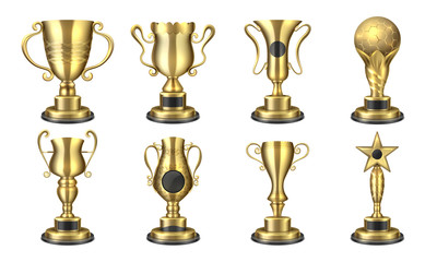 Golden awards. Realistic trophy cup, contest prize 3D design, sport reward concept, win and success elements collection. Vector winner cups