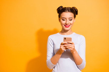 Social media marketing concept. Portrait of cute beautiful female student receiving emails from...