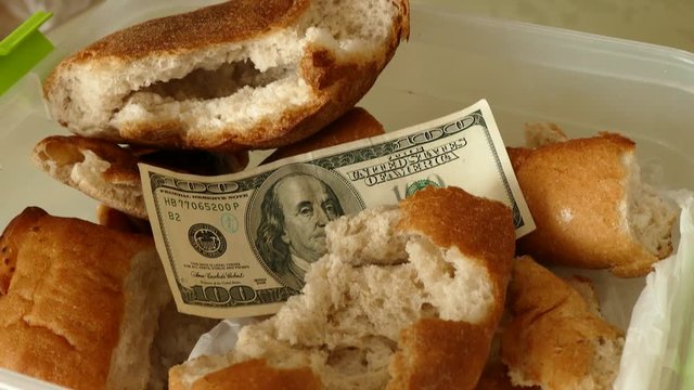 waste of bread and 100 usa banknotes, stale bread and material damage, hungry people and bread wastage,