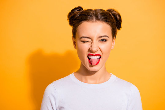 Close Up Portrait Of Magnificent Upbeat Lady College Student With Red Lips Pomade Hanging Out On Parties Dancing In Night Clubs Screaming Yeah In White Light Outfit Isolated Over Vivid Background