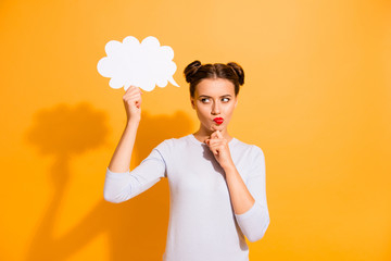 Close up photo beautiful she her lady pretty hairdo two buns hand arm chin look empty space...