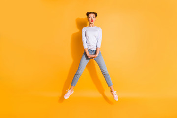 Full length body size photo of beautiful attractive lovely hipster fun red lipstick placing hands on waist wearing white sweater denim clothes pink sportswear isolated vivid background