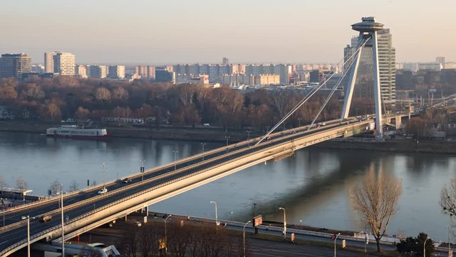 Time lapse of SNP bridge (Most SNP or UFO Bridge) in Bratislava, Slovakia