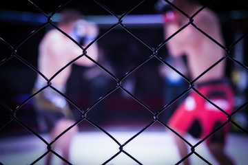 Sports concept of fighting without rules.Two boxer athletes in the arena of the octagonal scene.Mood boxing fights without boxing rules MMA. An alternative look at boxing fights through the metal cage