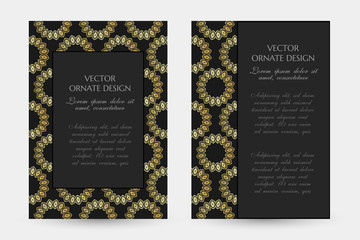 Golden rings in geometrical style. Luxury vertical posters with decorative frame and border on the black background.