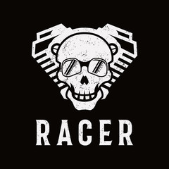 grunge head skull and engine logo vintage