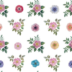 Seamless watercolor flowers pattern. Hand painted flowers and leaves of different colors on a white background. Flowers and leaves for design.