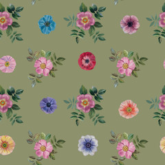 Seamless watercolor flowers pattern. Hand painted flowers of different colors. Flowers for design. Ornament flowers and leaves.