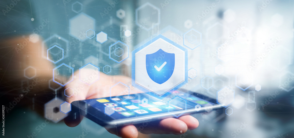 Poster man holding a shield web security concept 3d rendering