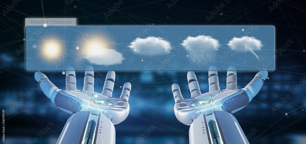 Poster cyborg hand holding a weather forecast widget 3d rendering