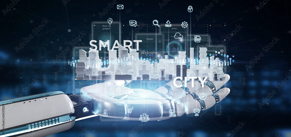 Aufkleber cyborg hand holding smart city user interface with icon, stats and data 3d rendering