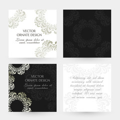 Silver floral motif. Square cards collection. Banners with decoration elements on the black and white background.