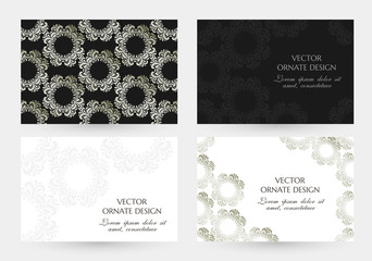 Silver floral motif. Cards collection. Horizontal banners with decoration elements on the black and white background.