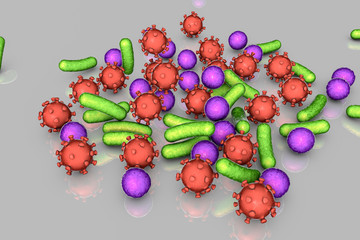 Bacteria and viruses on surface, model of MERS, HIV, Influenza virus, Staphylococcus aureus and other microorganisms, 3D illustration. Microbes of different shapes