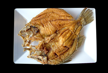 Scorched Snapper topped on white plate, die cut in black background