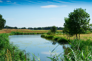 landscape with Ditch and blue sky in fortified city Heusden, The Netherlands