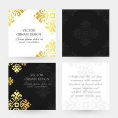 Gold decorative rhombus. Square cards collection. Banners with decoration elements on the black and white background.