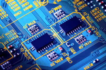 Electronic circuit board close up.