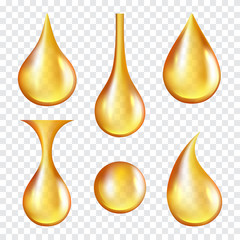 Oil drops. Yellow transparent splashes of machine or cosmetic golden oil vector realistic template. Illustration of liquid oil, drop and splash