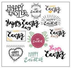 Happy Easter Set type greeting cards. Religious holiday vector illustrations for poster, greeting card. Hand lettering. Modern calligraphy.