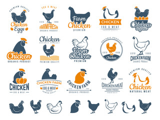 Chicken badges. Fresh farm food logotype cooking egg and bird broilers vector labels. Chicken egg and meat logotype, farm badge label illustration
