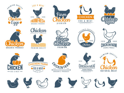 Chicken badges. Fresh farm food logotype cooking egg and bird broilers vector labels. Chicken egg and meat logotype, farm badge label illustration
