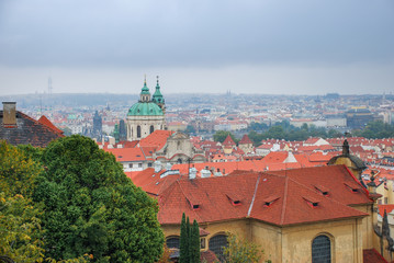 Fototapeta premium Panoramic view of old city of Prague at cold day