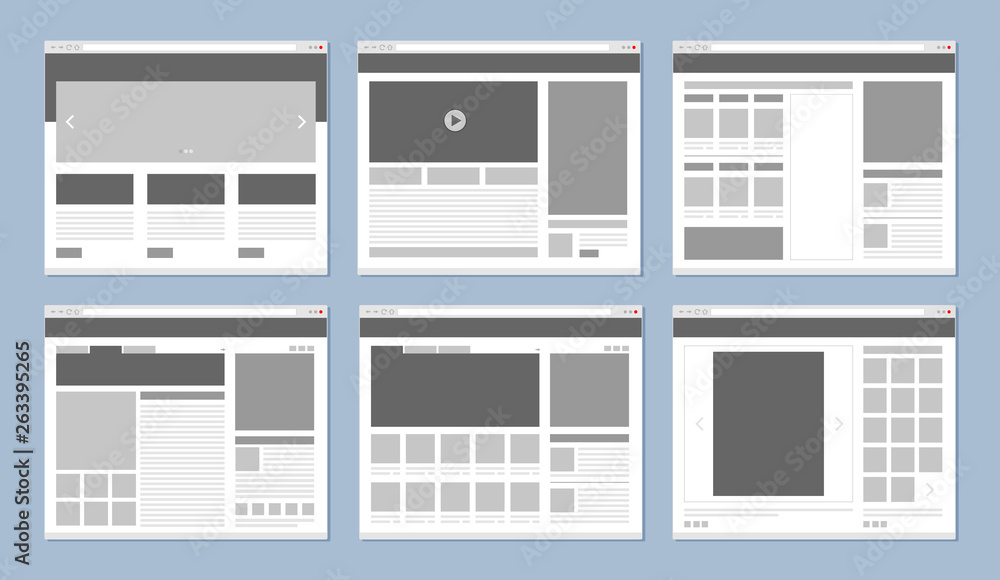 Poster Website layout. Web pages template internet browser window with banners and ui elements icons vector design. Illustration of menu site, project content flowchart