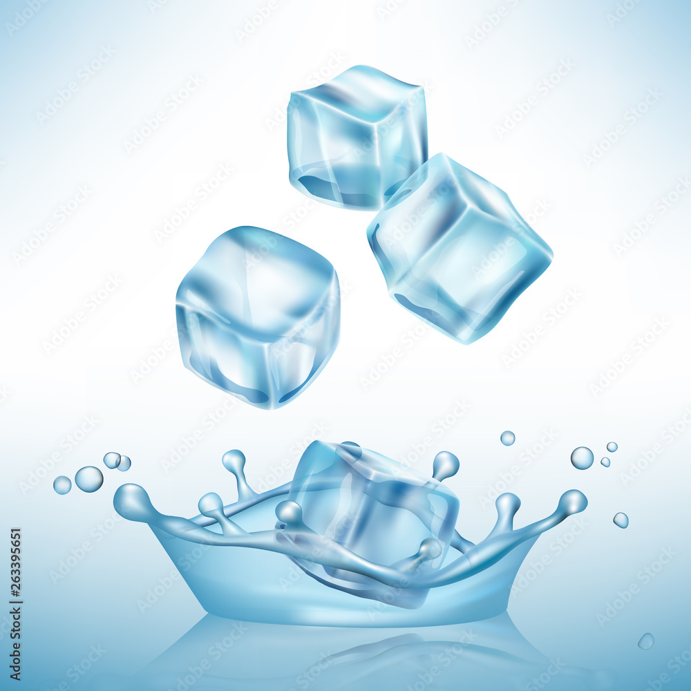 Poster ice splashes cube. freeze water puddles and crystal clear ice cube vector realistic background. ice 