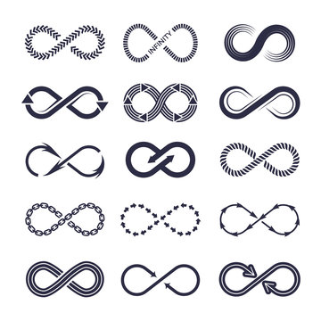 Eternity symbols. Vector monochrome icon collection of infinity logotypes. Illustration of infinite outline, motion infinity, eternity continual